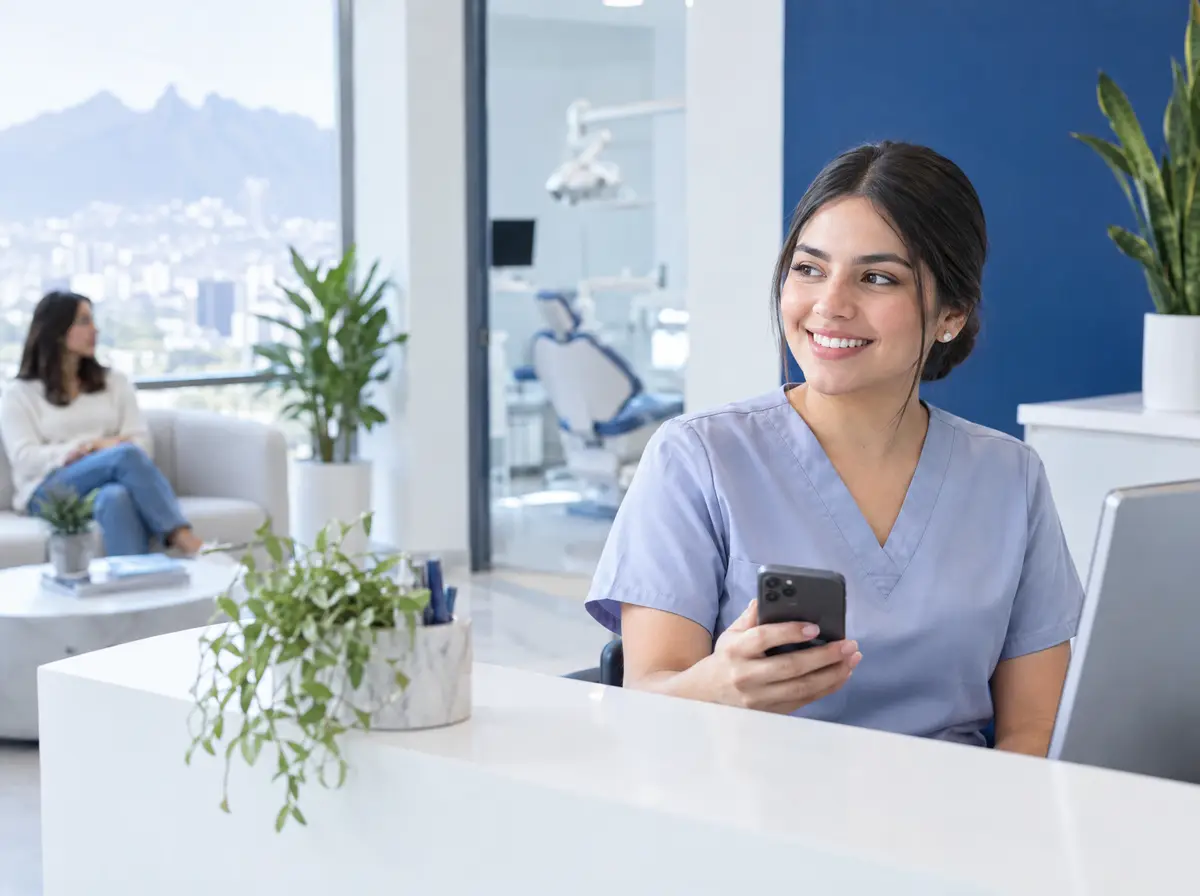 Recepcionista de un consultorio dental con su celular