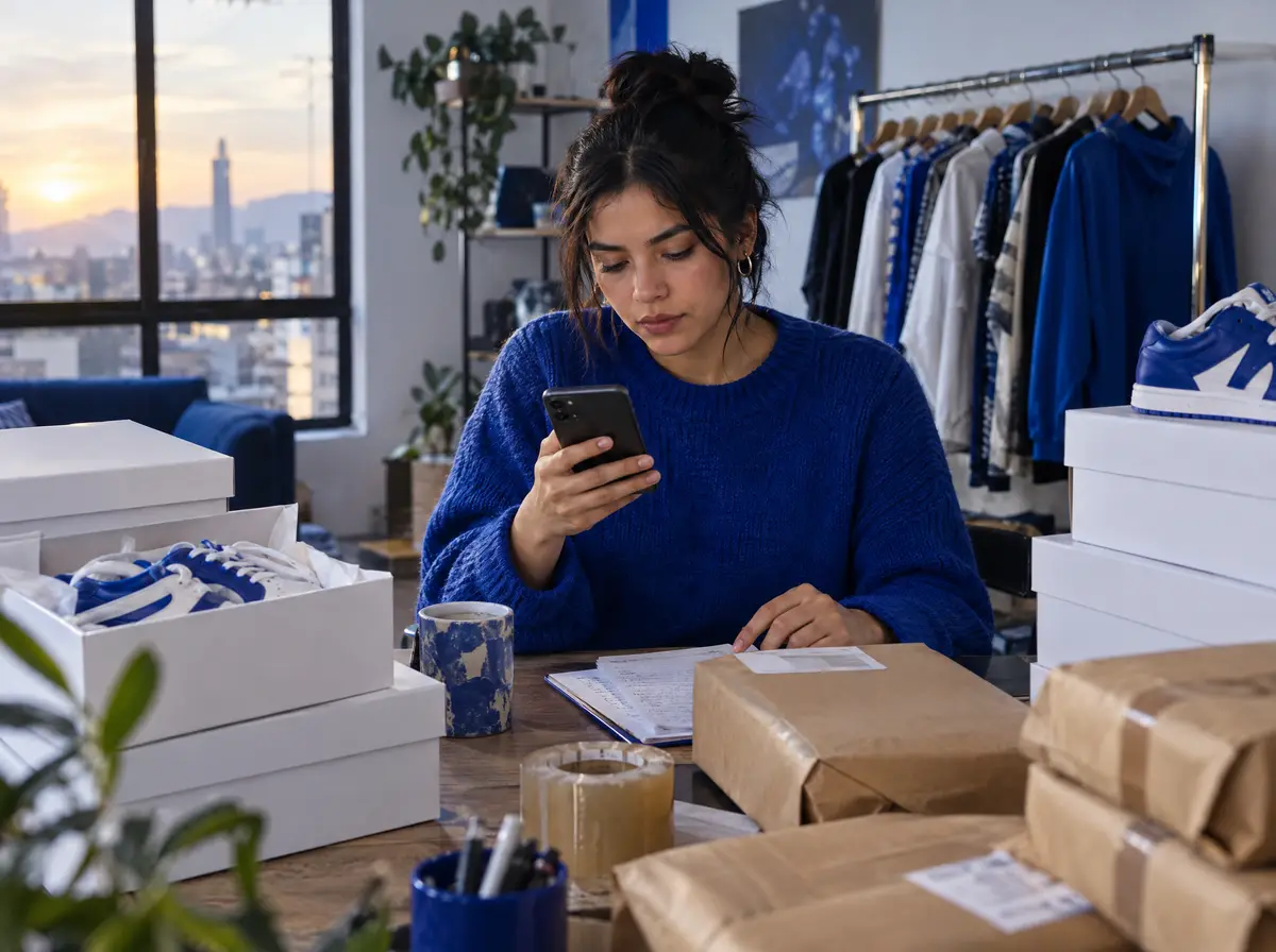 Emprendedora revisando pedidos en su celular junto a cajas listas para enviar